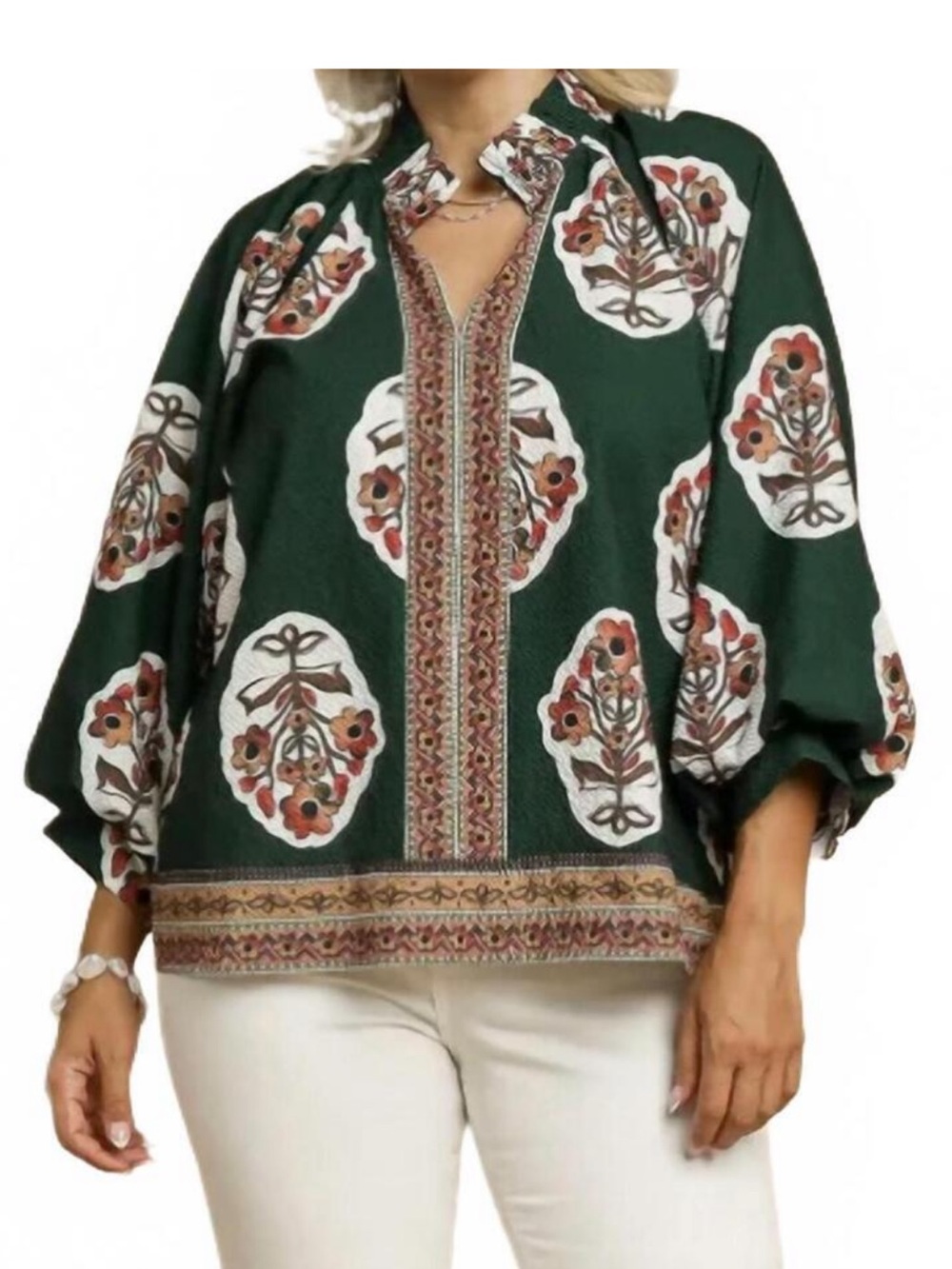 Umgee Forest Green Floral Bohemian Split-Neck Blouse